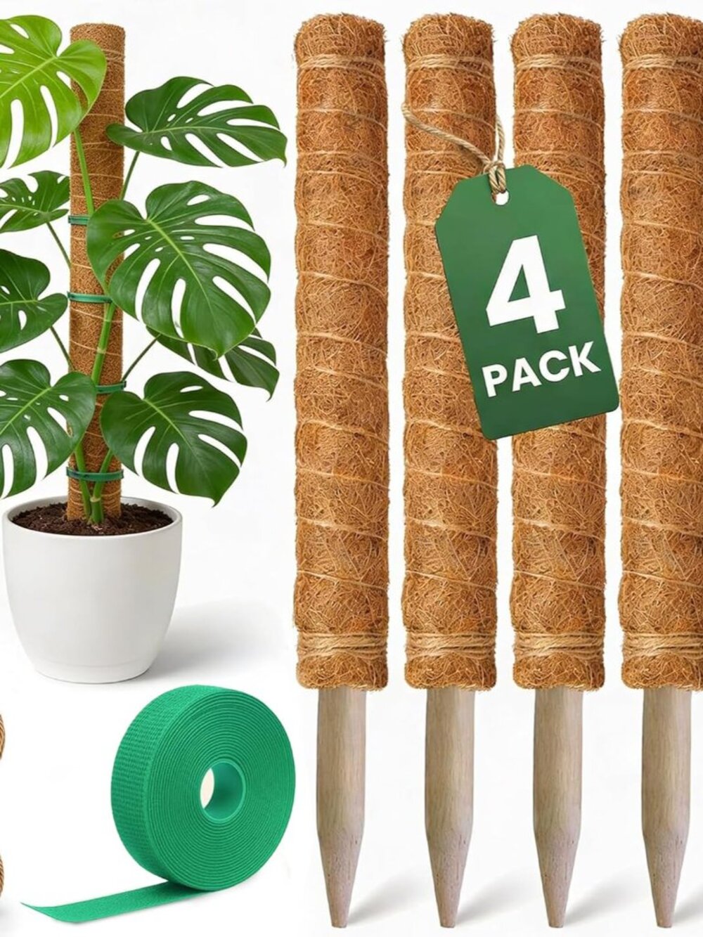4 Pack 16" Moss Pole Monstera Plant Support - Stackable up to 48"